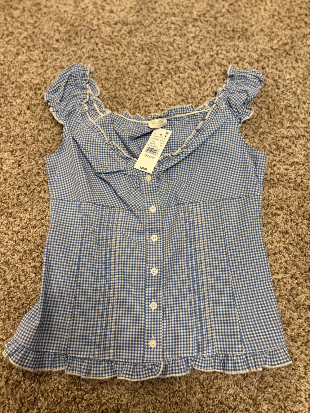 Brandy Melville Light Blue Gingham Ruffle Button Top